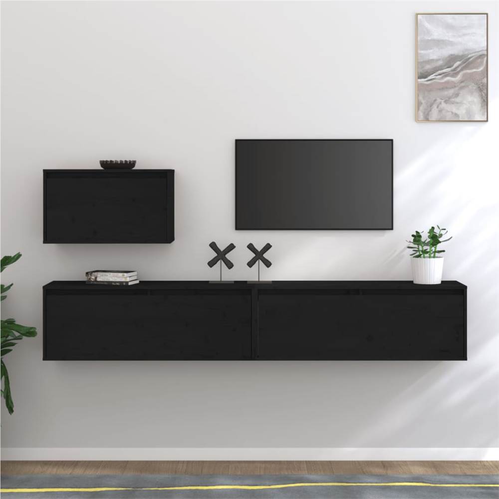 

TV Cabinets 3 pcs Black Solid Wood Pine