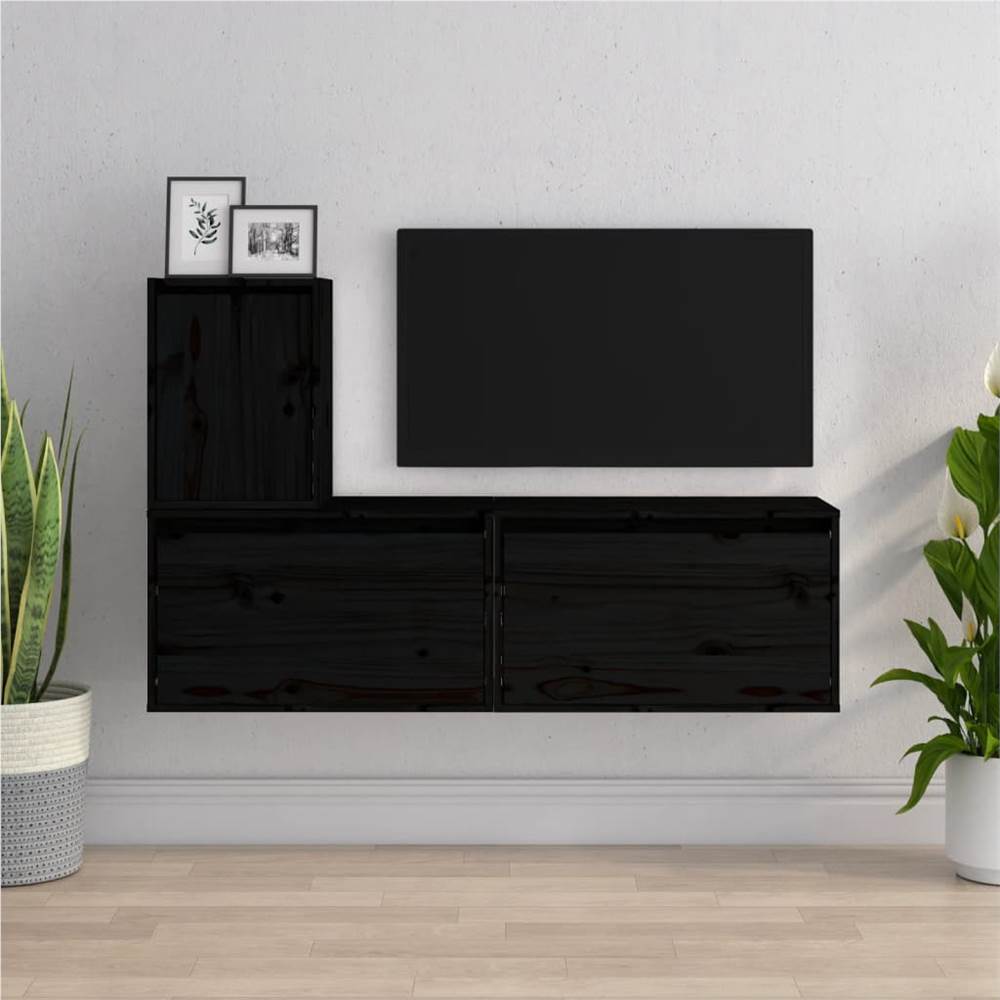 

TV Cabinets 3 pcs Black Solid Wood Pine