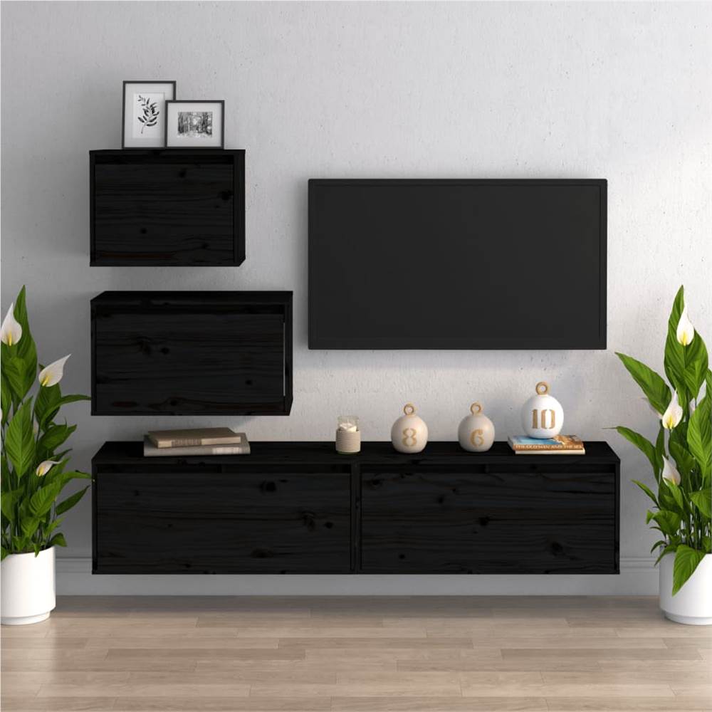 

TV Cabinets 4 pcs Black Solid Wood Pine