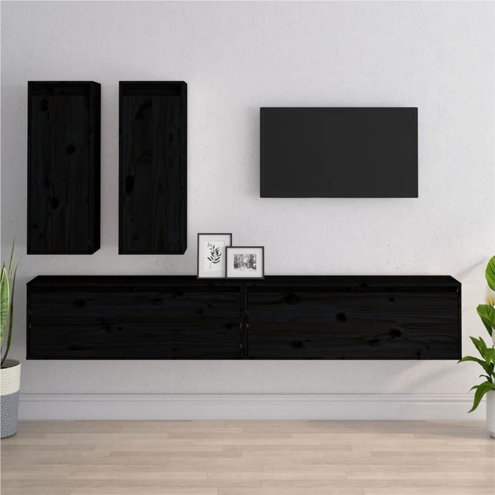 

TV Cabinets 4 pcs Black Solid Wood Pine