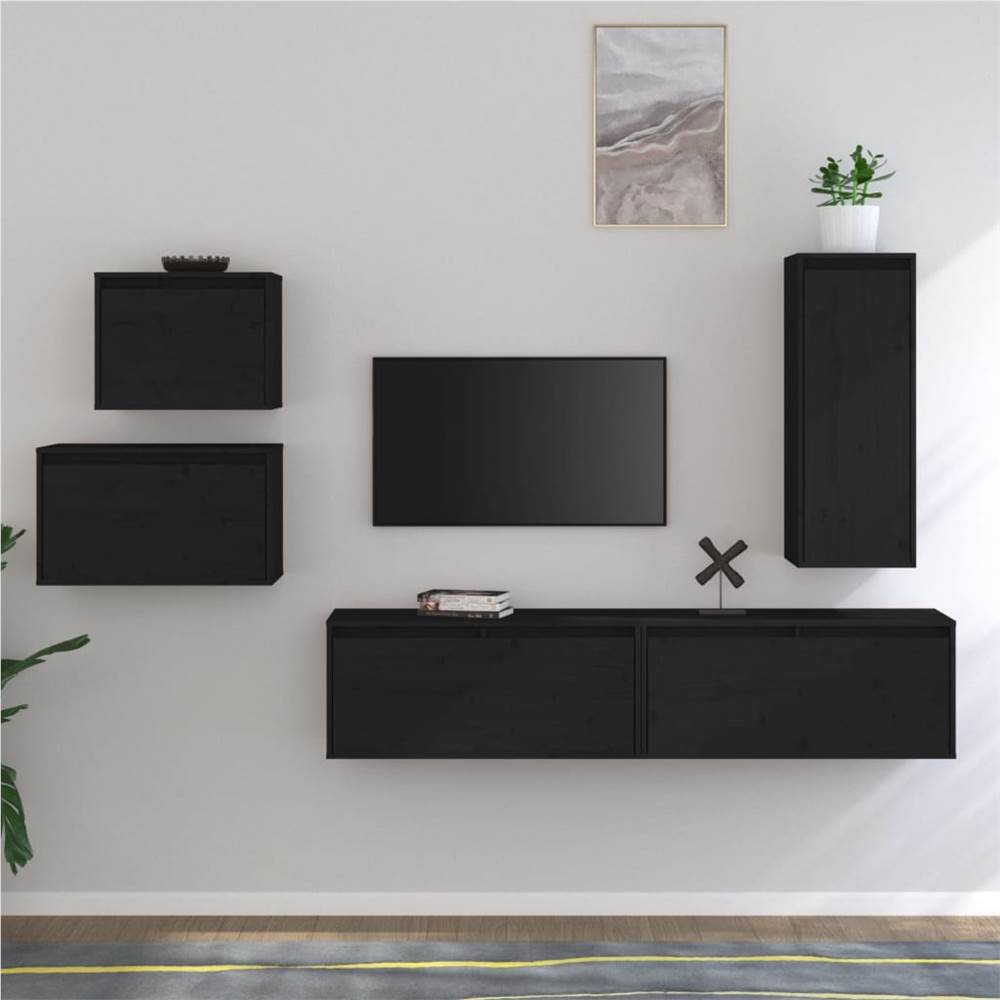 

TV Cabinets 5 pcs Black Solid Wood Pine
