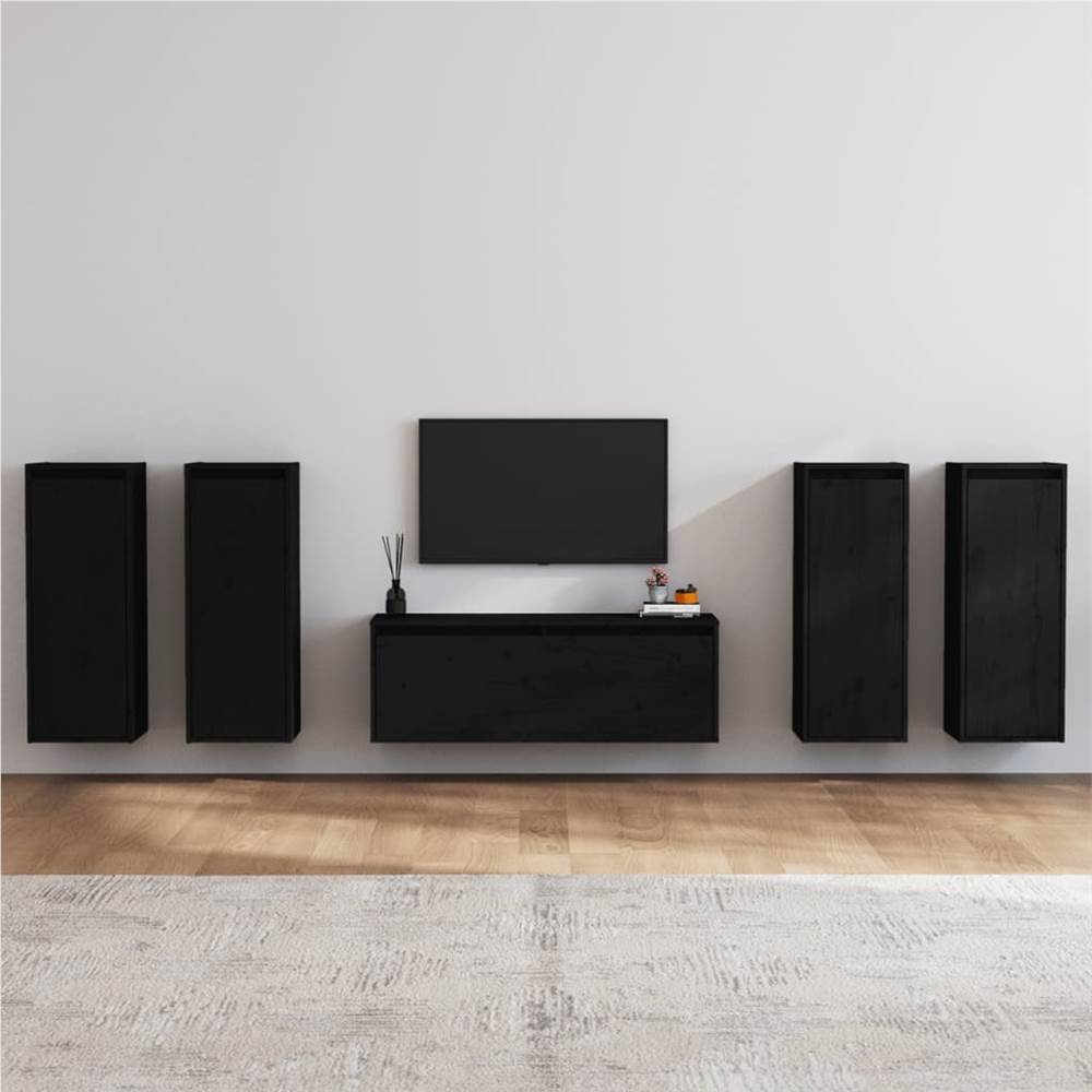 

TV Cabinets 5 pcs Black Solid Wood Pine