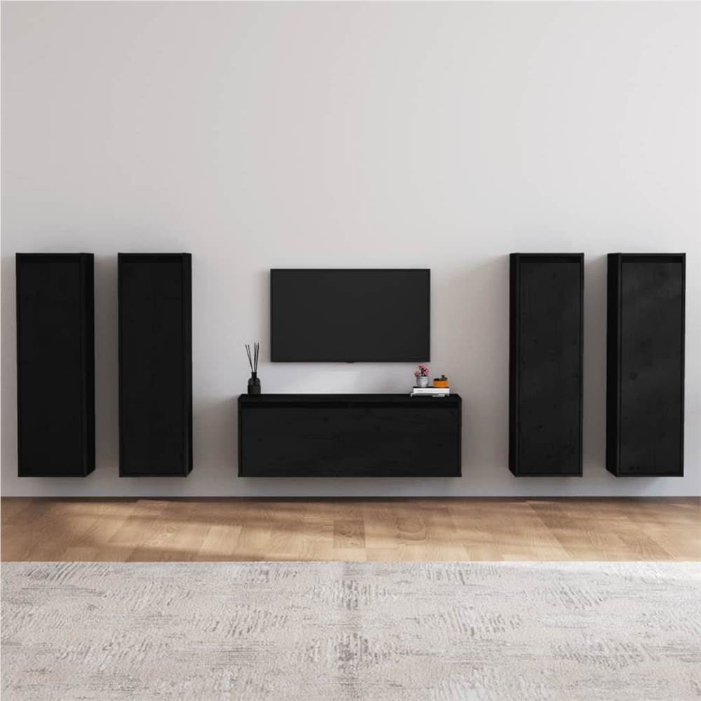 

TV Cabinets 5 pcs Black Solid Wood Pine
