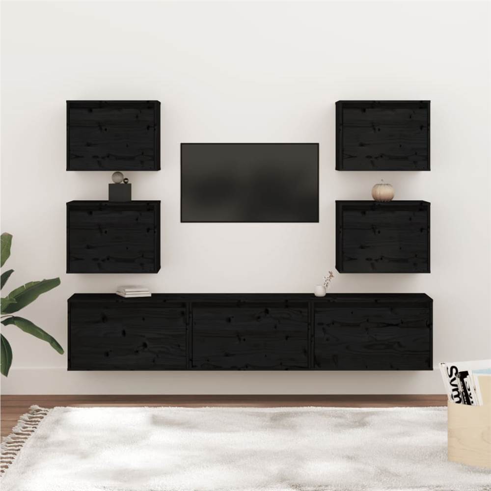 

TV Cabinets 7 pcs Black Solid Wood Pine