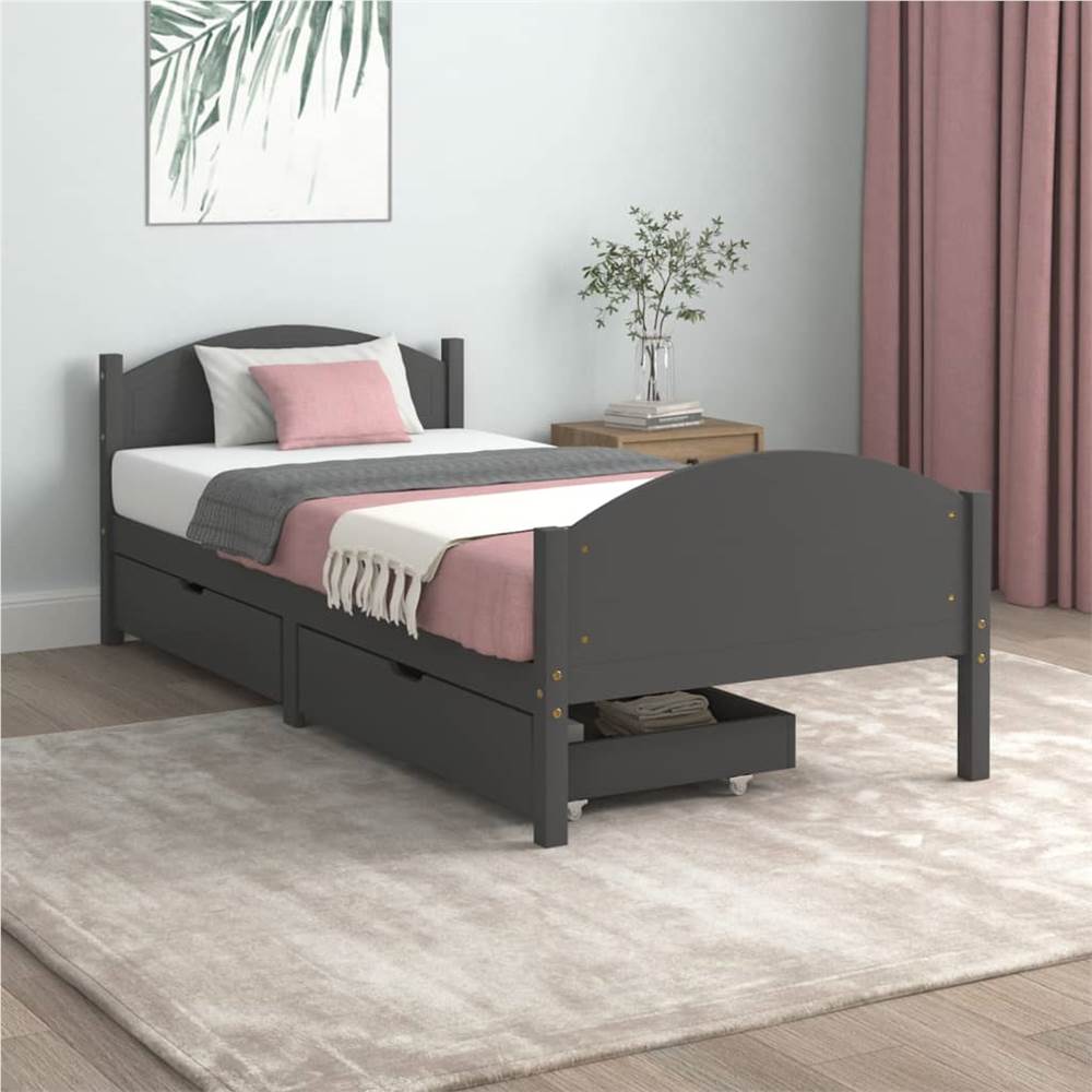 

Bed Frame with 2 Drawers Dark Grey Solid Wood Pine 100x200 cm Single