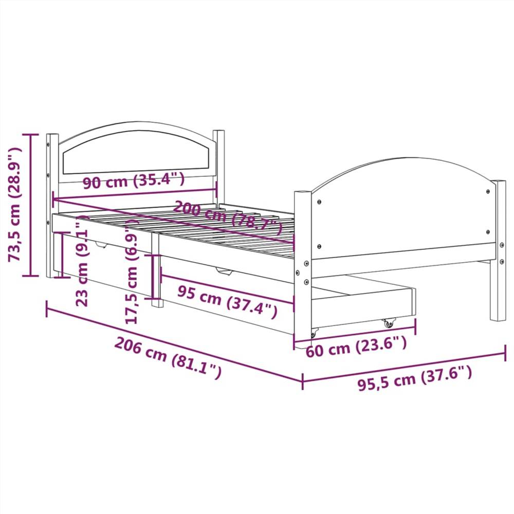 Bed Frame with 2 Drawers Dark Grey Solid Wood Pine 90x200 cm Single
