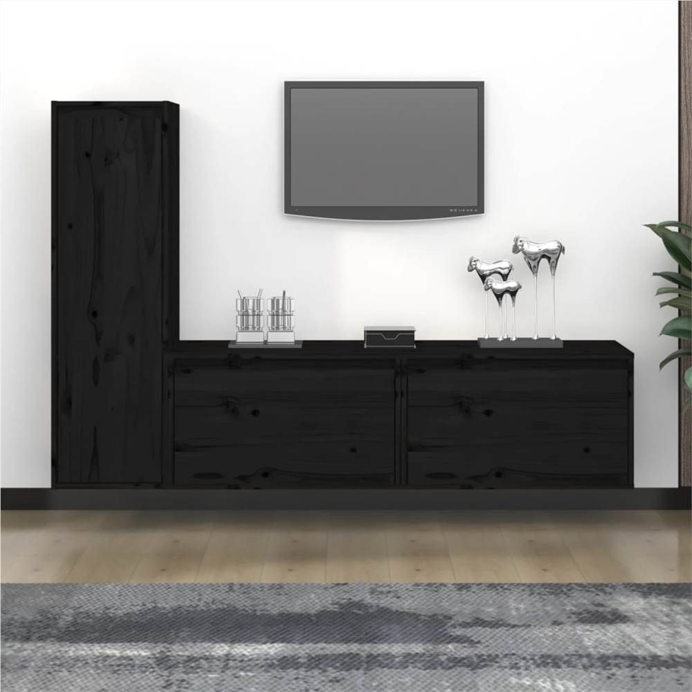 

TV Cabinets 3 pcs Black Solid Wood Pine