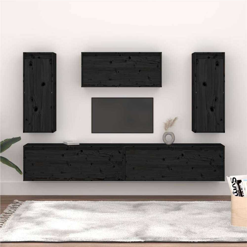 

TV Cabinets 5 pcs Black Solid Wood Pine