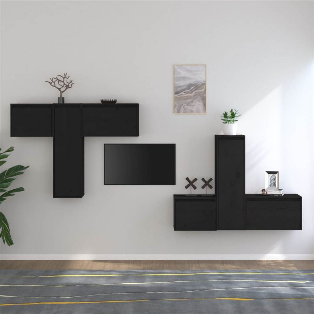 

TV Cabinets 6 pcs Black Solid Wood Pine