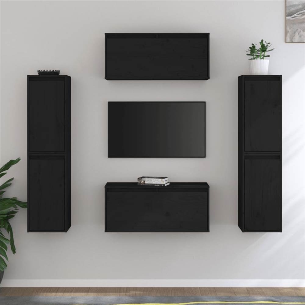 

TV Cabinets 6 pcs Black Solid Wood Pine