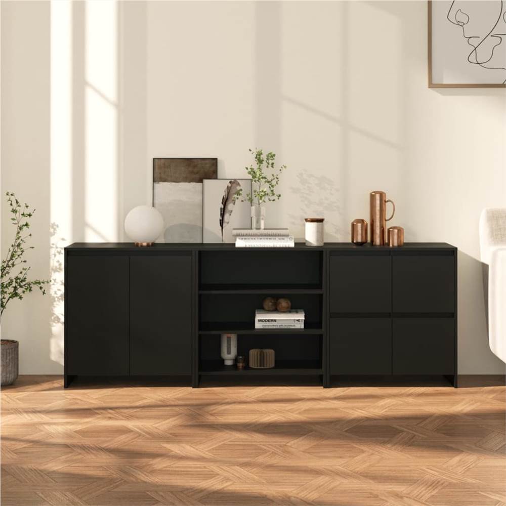 

3 Piece Sideboard Black Engineered Wood