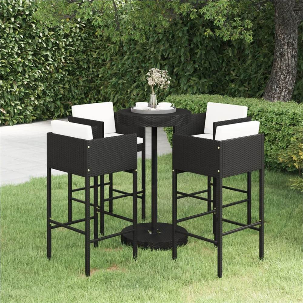 Set bar da giardino 5 pezzi con cuscini Polyrattan nero