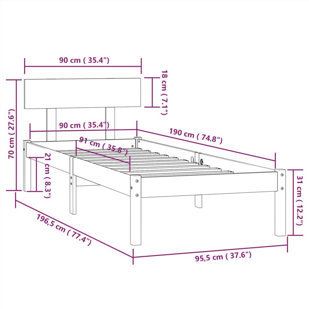 Bed Frame White Solid Wood Pine 90x200 cm Single