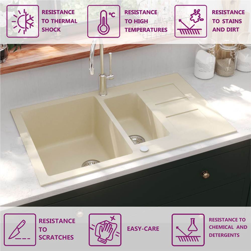 Granite Kitchen Sink Double Basins Beige