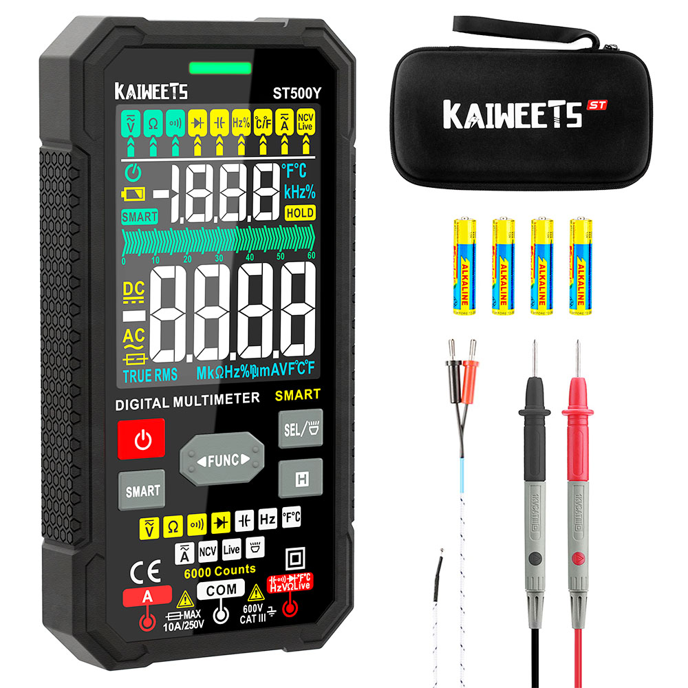 KAIWEETS ST500Y Multimètre numérique intelligent AC/DC à plage automatique, écran couleur HD, testeur de tension Ohm - 6000 points