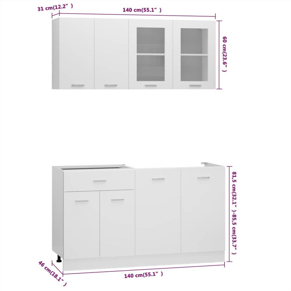 4 Piece Kitchen Cabinet Set with Worktop White Chipboard