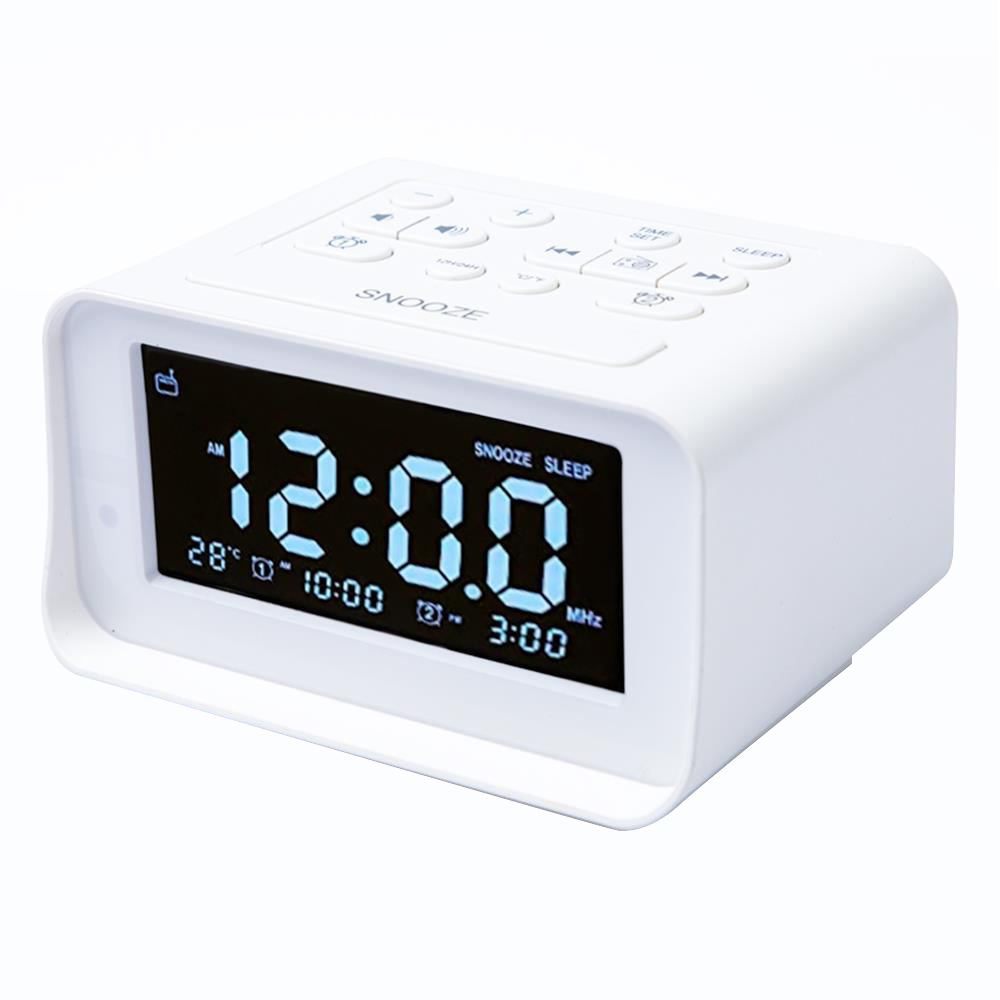 GREEN TIME K1 Pro wekkerradio, LCD-temperatuurweergave, elektronische digitale klok met USB-oplaadpoort - wit