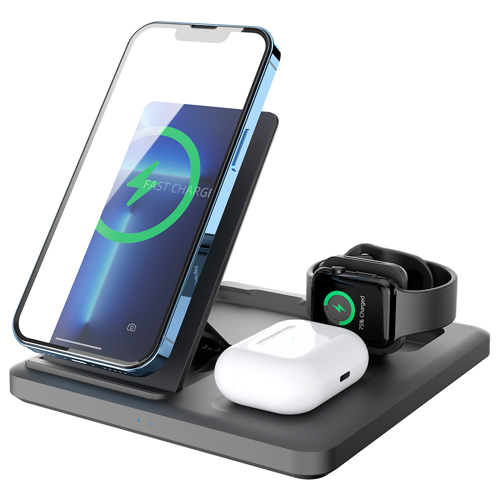 C18 15W Mobile Phone Wireless Charging Stand, 3-in-1 Folding Wireless Charger for Apple Watch Earbuds Charging - Black
