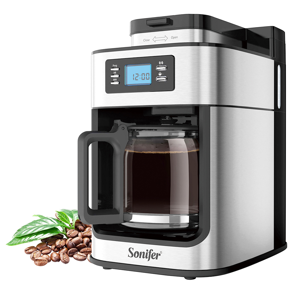Sonifer SF3541 1050W 2-w-1 przelewowy ekspres do kawy, 1200 ml/10 filiżanek, ekspres do kawy mielonej/ziarnistej, wyświetlacz cyfrowy, utrzymywanie ciepła
