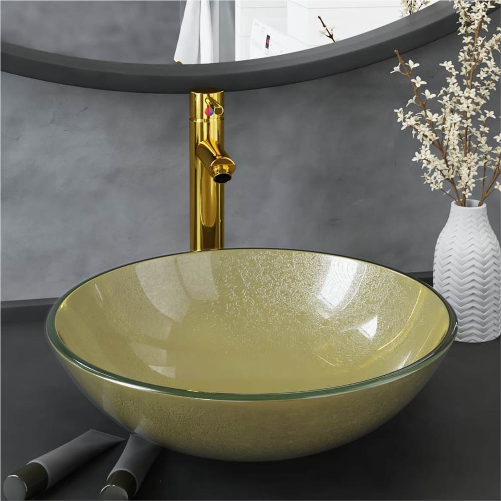 Bathroom Sink with Tap and Push Drain Gold Tempered Glass