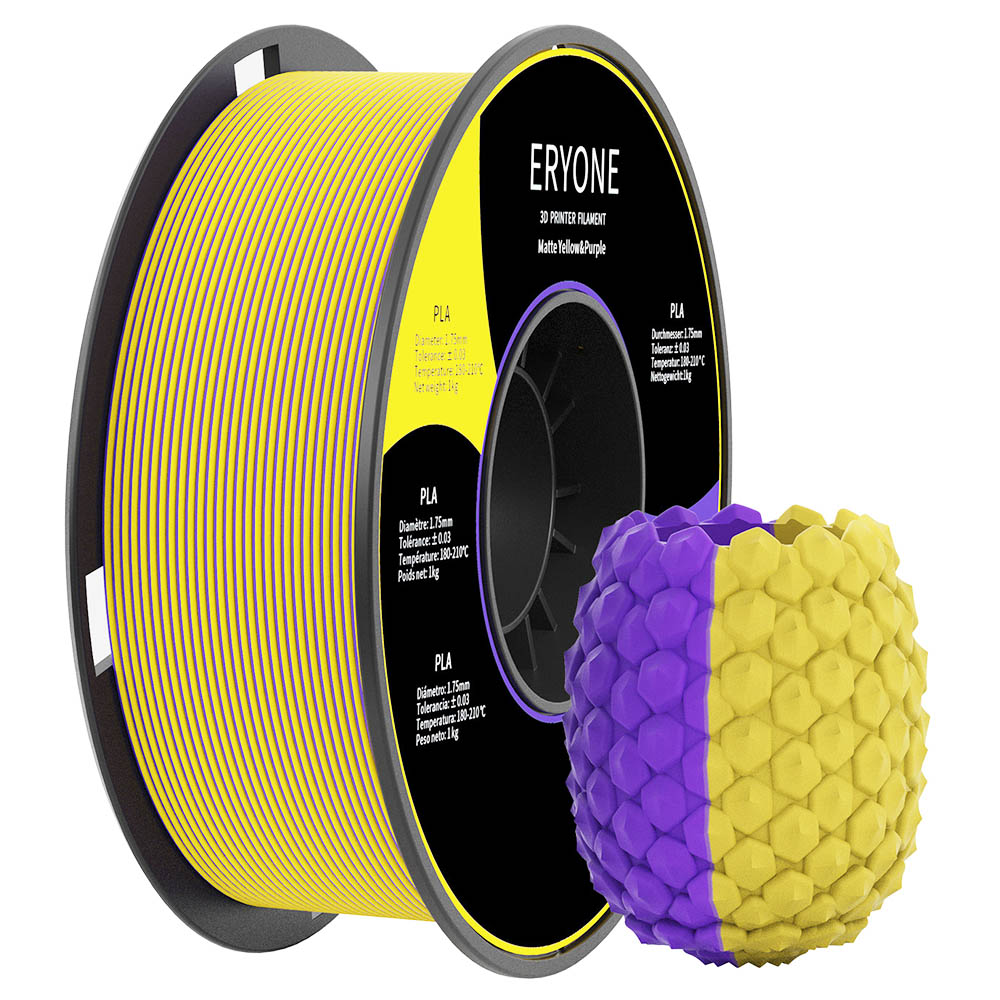 ERYONE kétszínű matt PLA szál 3D nyomtatókhoz, 1.75 mm pontosság +/- 0.03 mm, 1 kg (2.2 LBS)/orsó - sárga és lila