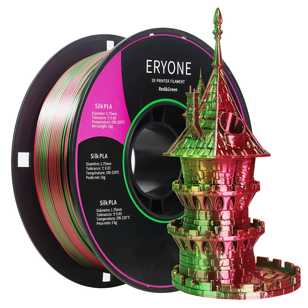 ERYONE kétszínű selyem PLA szál 3D nyomtatókhoz, 1.75 mm-es tűrés +/- 0.03 mm, 1 kg (2.2 LBS)/orsó - piros és zöld