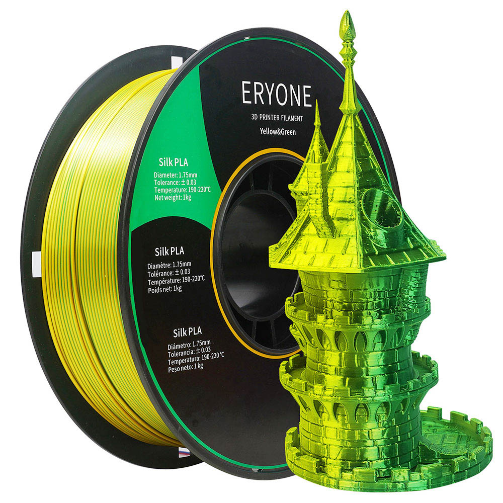 ERYONE kétszínű selyem PLA szál 3D nyomtatókhoz, 1.75 mm tűrés +/- 0.03 mm, 1 kg (2.2 LBS)/orsó - sárga és zöld