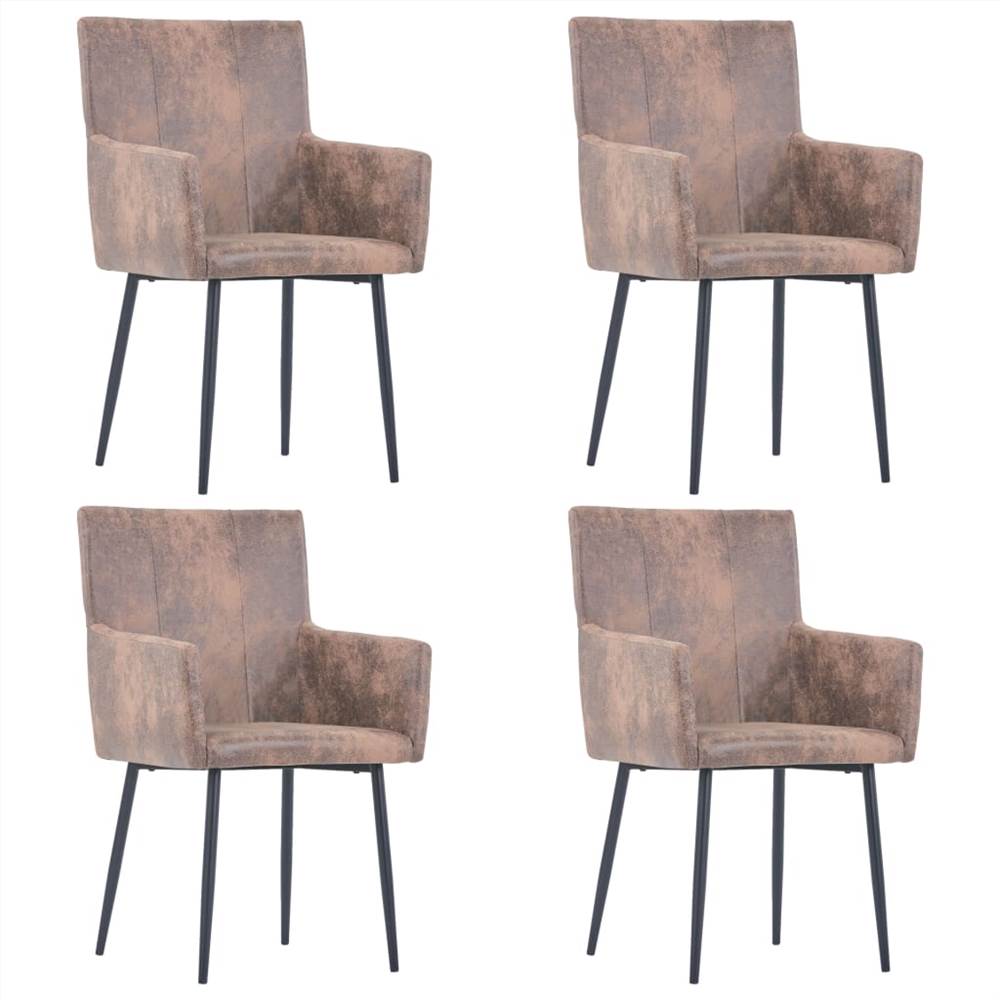 Dining Chairs with Armrests 4 pcs Brown Faux Suede Leather
