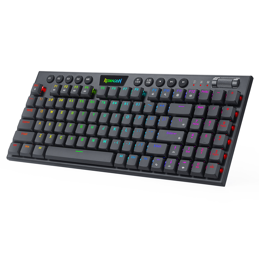 لوحة مفاتيح ميكانيكية Redragon K625P-KBS Yi pro لاسلكية تعمل بالبلوتوث ثلاثي الأوضاع RGB ، رفيعة للغاية ، مفتاح أزرق منخفض الملف الشخصي - أسود