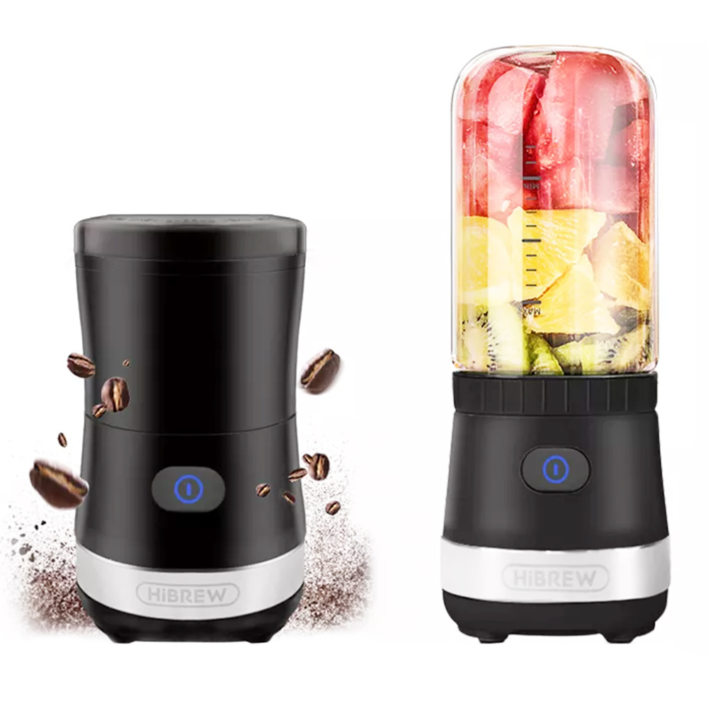 HiBREW 70W 2-in-1 Portable Coffee Bean Grinder, DC 5V Juice Blender USB Rechargeable Ice Crusher, Double Cup