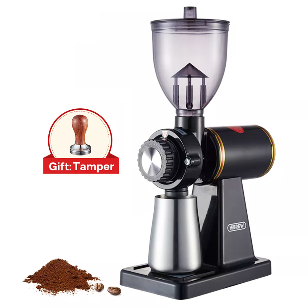 HiBREW 600N 180W Electric Coffee Bean Grinder with Coffee Powder Tamper, 8 Settings Adjustable Knob, Visible Bean Hopper