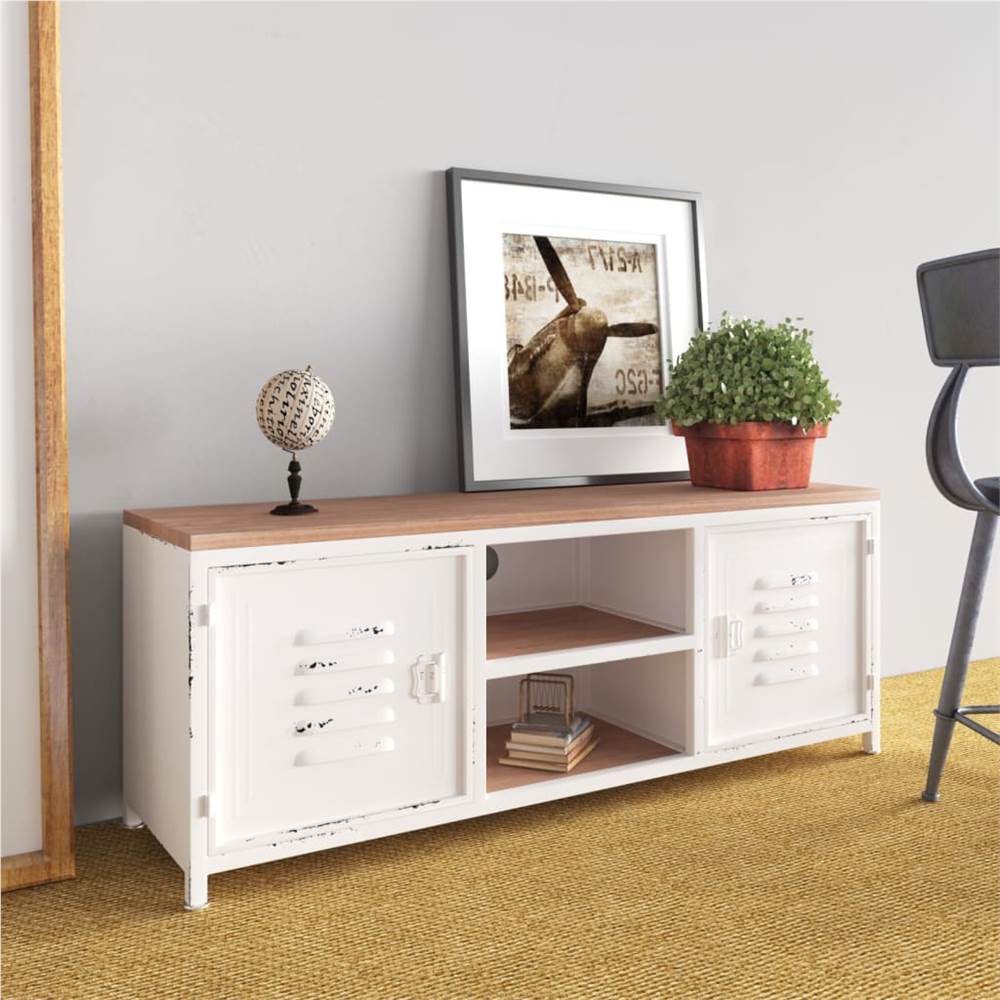 

TV Cabinet White 110x30x40 cm Iron and Solid Wood Fir