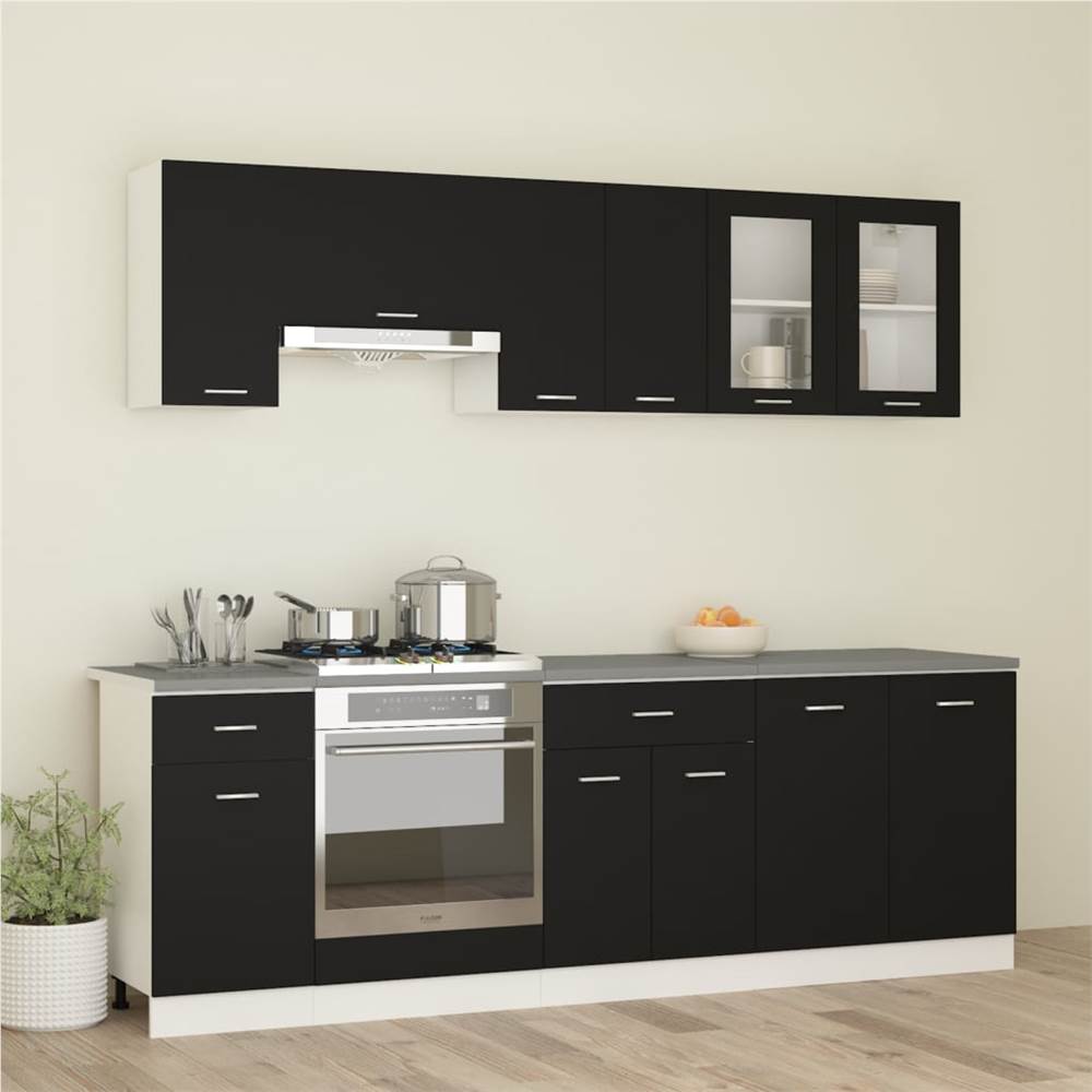 

8 Piece Kitchen Cabinet Set with Worktop Black Chipboard