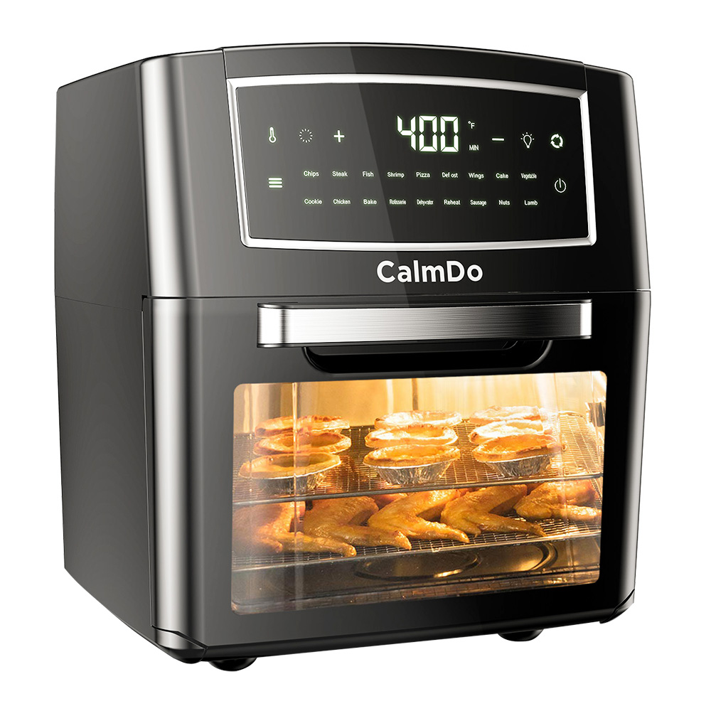 Calmdo AF-120CDEU 18 in 1 Air Fryer Toaster Oven Free 1500W 12L / 12.7QT الفولاذ المقاوم للصدأ 360 درجة دوران الهواء 18 وظيفة محددة مسبقًا للتحكم باللمس 10 ملحقات للشواء للخبز والشواء - أسود
