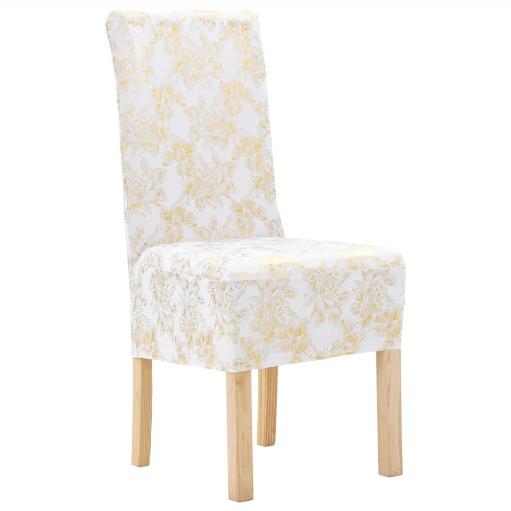 6 pcs Straight Chair Covers Stretch White with Golden Print