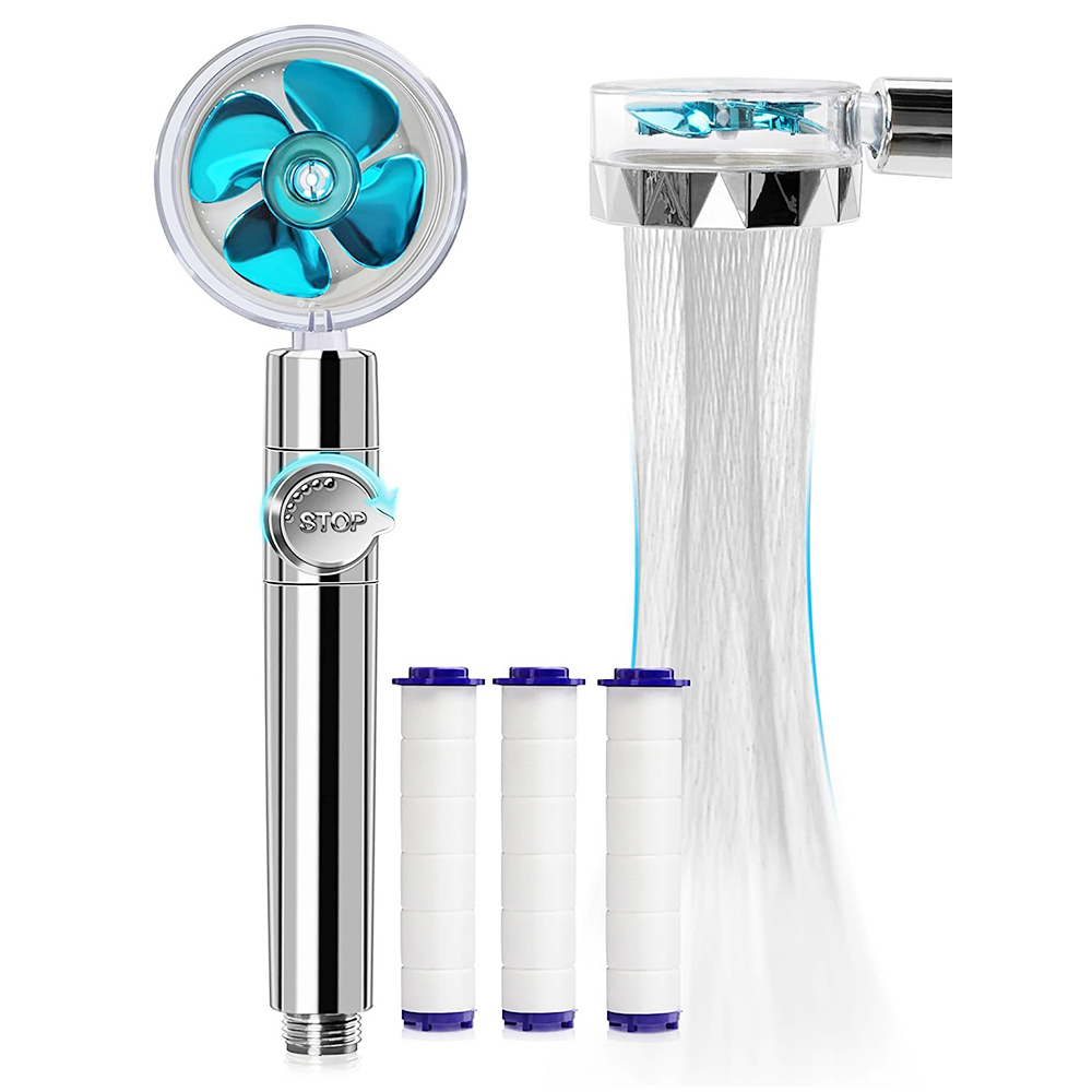 Handheld Turbocharged Shower Head with 3 Filters, High-Pressure Water Saving Home Bath Turbo Fan Shower Kit - Blue + Silver