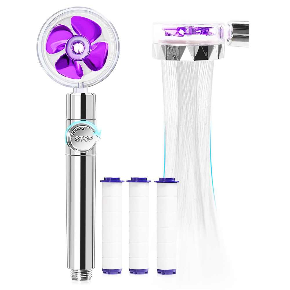 cabezal de ducha turboalimentado de mano con 3 filtros, kit de ducha de ventilador turbo de baño de ahorro de agua de alta presión - púrpura + plata