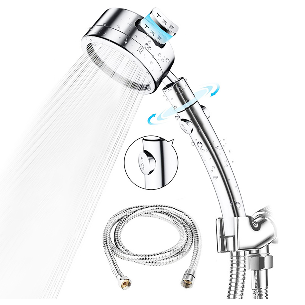 Wysokociśnieniowa chromowana ręczna słuchawka prysznicowa, 3 poziomy, wąż 1.5 m, oszczędność wody 360 stopni regulacja, przycisk wyłącznika
