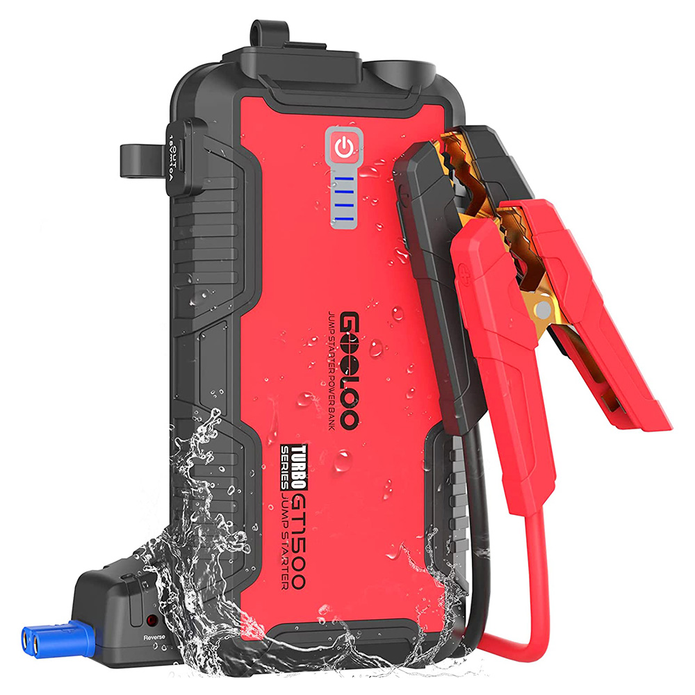 GOOLOO GT1500 Jump Starter, 1500A Peak Car Starter, 12V Portable Waterproof Power Pack, Auto Battery Booster, LED Light - Red