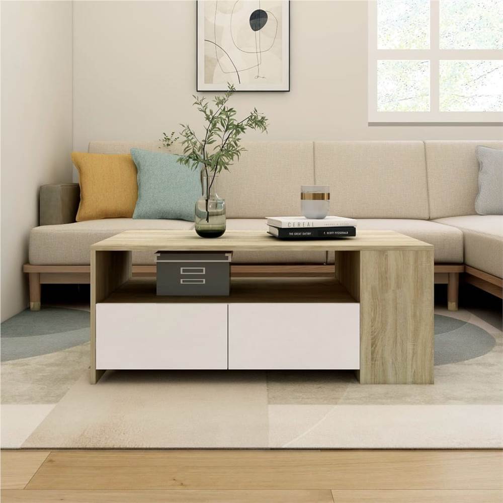 

Coffee Table White and Sonoma Oak 102x55x42 cm Engineered Wood