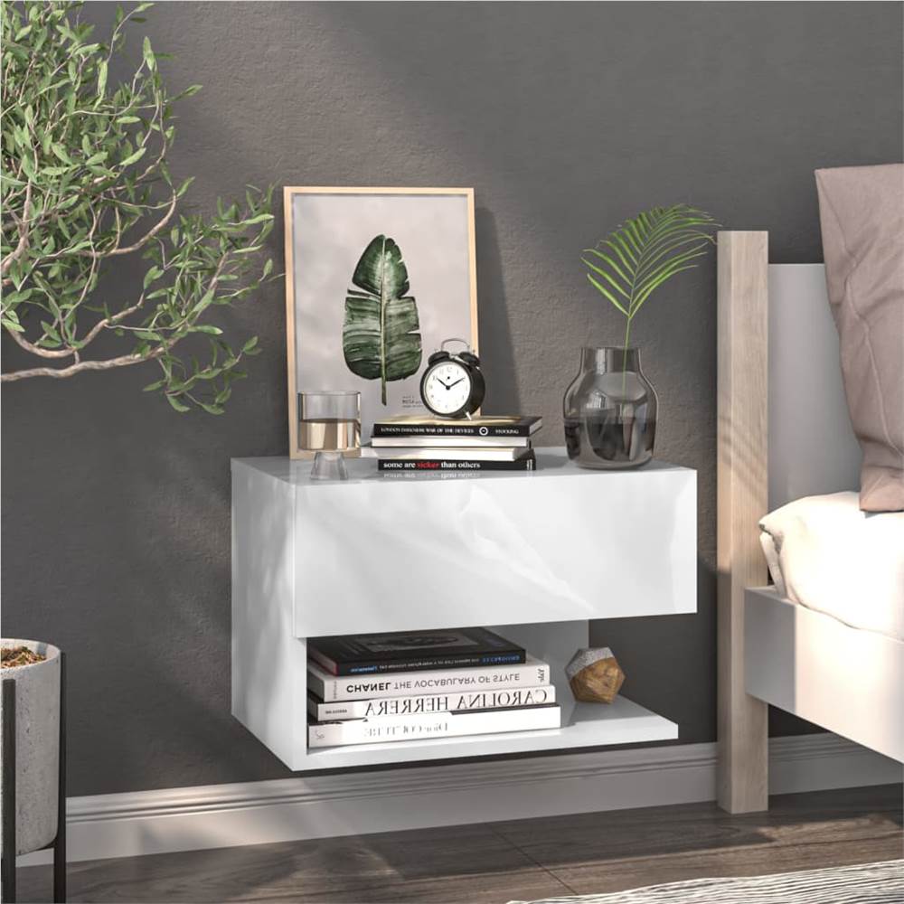 

Wall Bedside Cabinet High Gloss White Engineered Wood