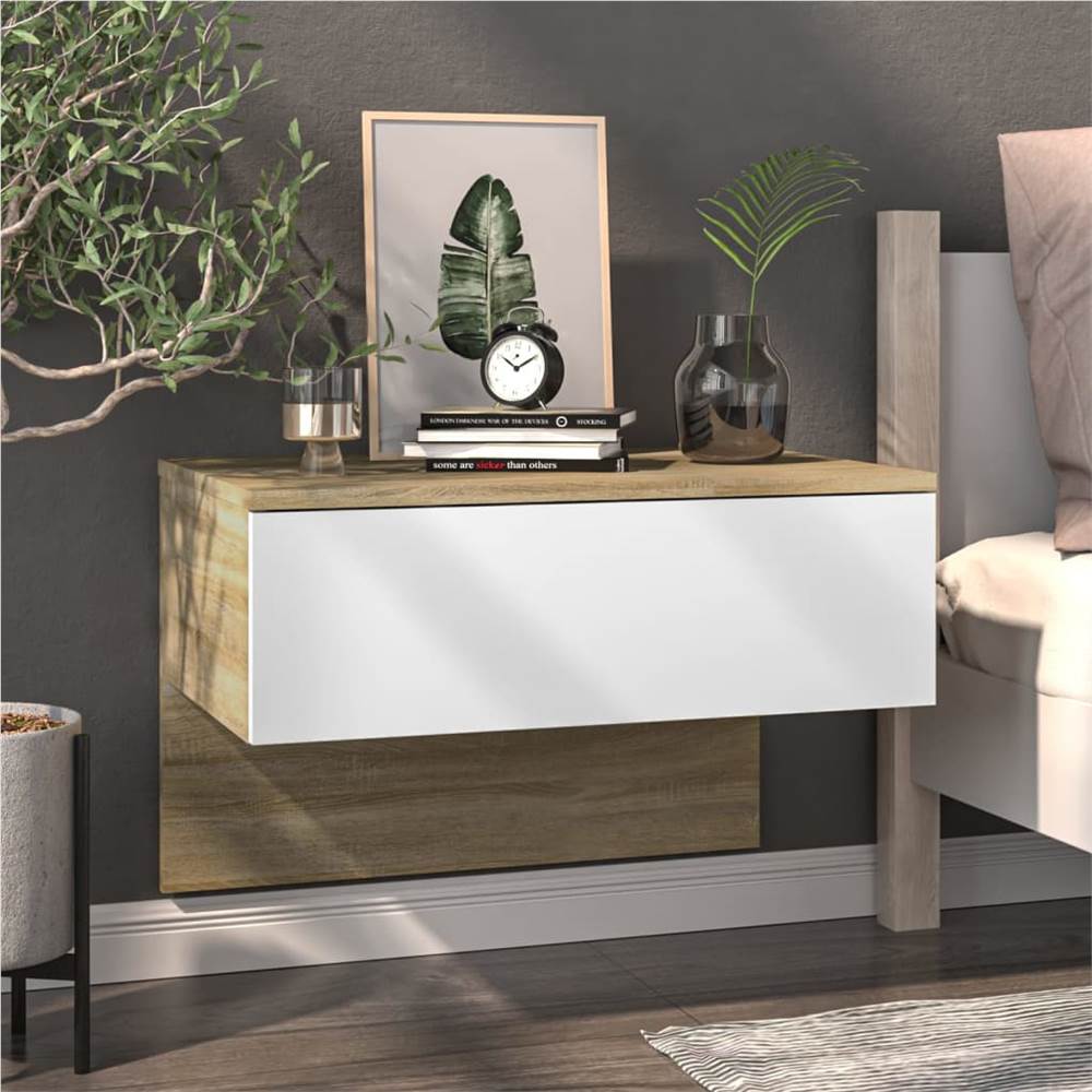 Wall Bedside Cabinet White and Sonoma Oak Engineered Wood
