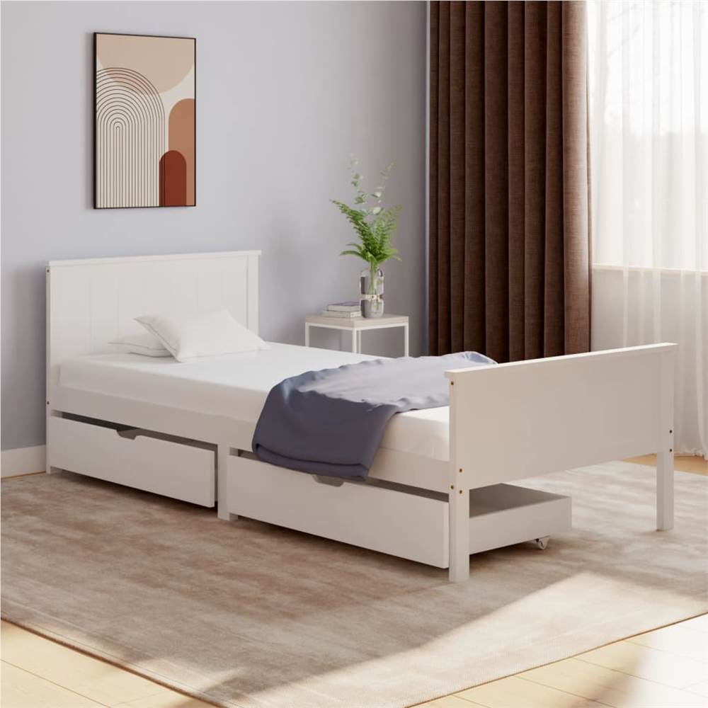 Bed Frame with 2 Drawers White Solid Wood Pine 100x200 cm