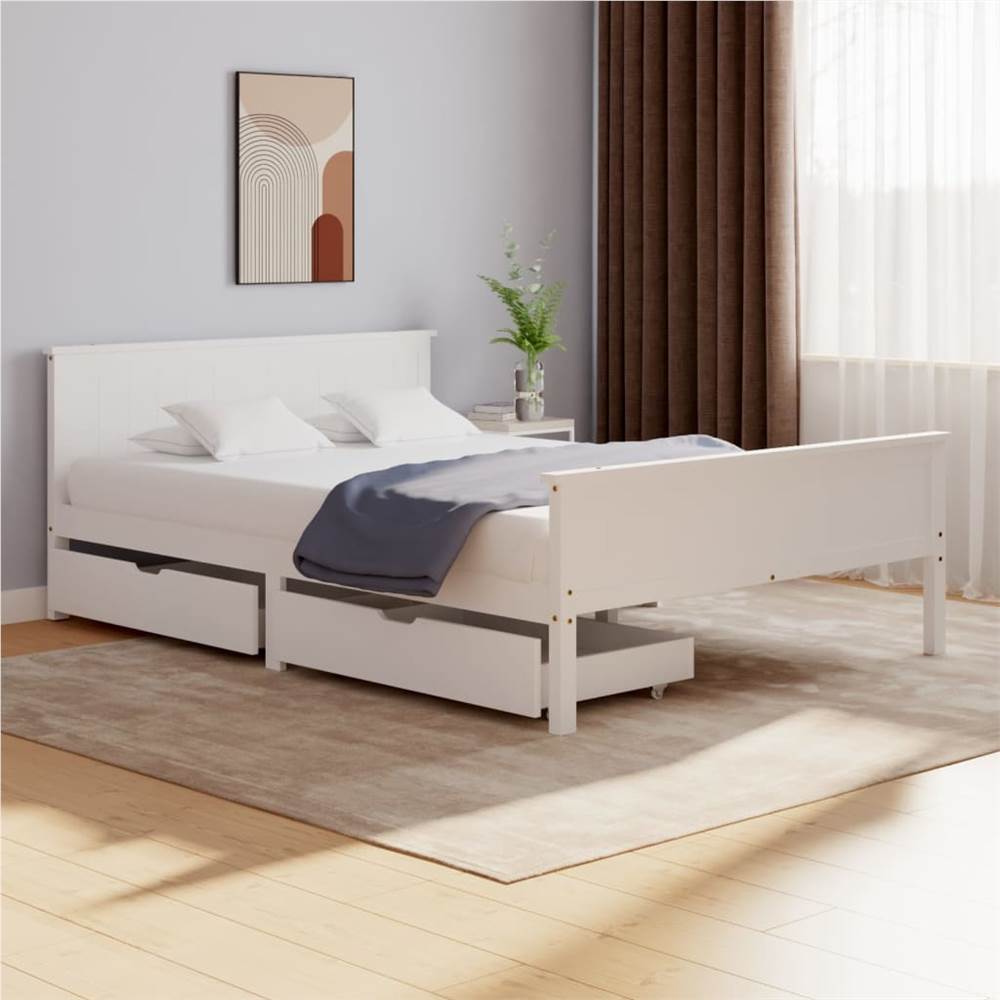 

Bed Frame with 2 Drawers White Solid Wood Pine 140x200 cm