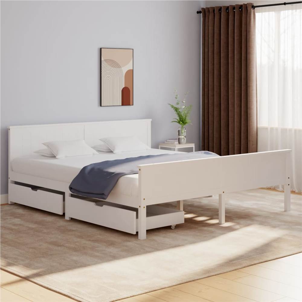 Bed Frame with 2 Drawers White Solid Wood Pine 180x200 cm