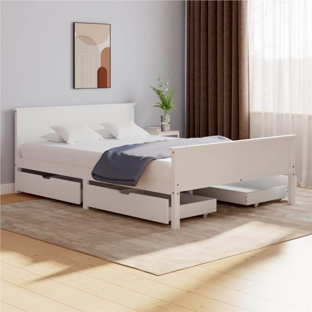 

Bed Frame with 4 Drawers White Solid Wood Pine 140x200 cm