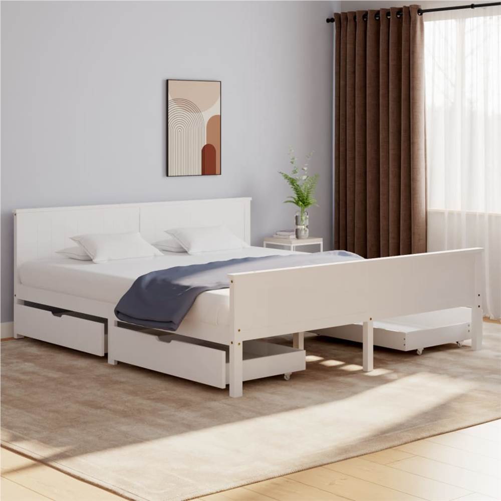 

Bed Frame with 4 Drawers White Solid Wood Pine 180x200 cm