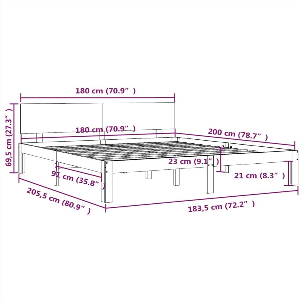 Bed Frame Grey Solid Wood 180x200 cm 6FT Super King