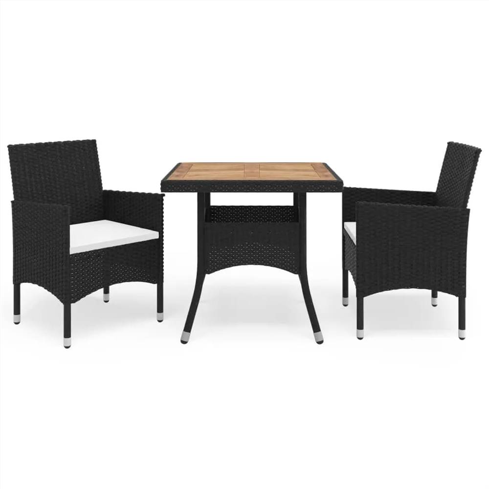 3 Piece Garden Dining Set Poly Rattan and Solid Wood Black