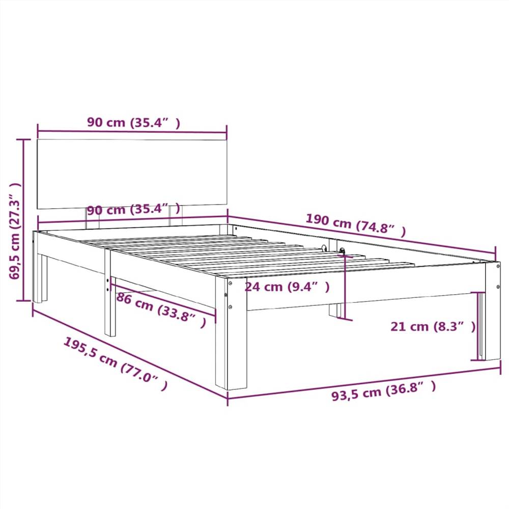 Bed Frame Grey Solid Wood 90x200 cm 3FT Single